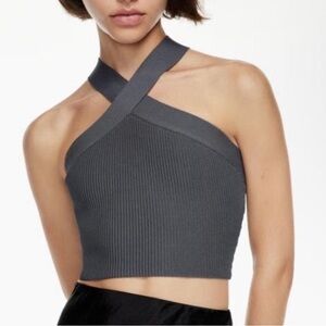 Babaton Charcoal Ribbed Cross Halter Crop Top